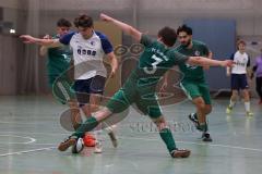 Hallenturnier Ingolstadt Nord - Saison 2024/25 - FC Geisenfeld - TSV Etting - Simon Weidenhiller weisss Etting  - Furkan Bayraktar grün Geisenfeld hinten - Sebastian Ludacka grün Geisenfeld #5 - Manuel Obermayr grün Geisenfeld #3 - Foto: Meyer Jürgen