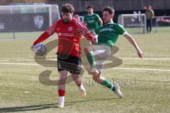 2024_2_17 - Saison 2023/24 - AUDI-Schanzer Amateur Cup - FC Gerolfing - TV 1861 Ingolstadt - Halbfinale 2 - Thomas Schäffer rot 1861 Ing. - Florian Uslar grün Gerolfing - Foto: Meyer Jürgen