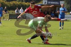 Kreisliga - Saison 2025/26- SV Hundszell - SV Zuchering - Paul Wärmann rot Zuchering - Luca Steinbach Torwart Hundszell - Foto: Meyer Jürgen