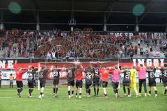Toto-Pokal - Saison 2023/2024 - FC Ingolstadt 04 - Jahn Regensburg - Elfmeterschießen gewonnen - jubel - Torwart Marius  Funk (Nr.1 - FCI) hält den Elfmeter - Die Mannschaft feiert mit den Fans - - Foto: Meyer Jürgen
