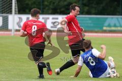 Kreisklasse -  Saison 2023/2024 - DJK Ingolstadt - FC Tegernbach - Frederik Straßer blau DJK Ing - Kilian Schaetz rot #17 Tegernbach - Tobias Hagl #8 Tegernbach rot - Foto: Meyer Jürgen