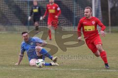 Kreisliga - Saison 2024/25- SV Hundszell - TSV Kösching-  - Jonas Betz rot Kösching - Maximilian Friebe blau Hundszell - Foto: Meyer Jürgen