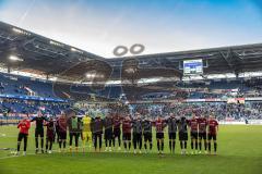 3. Liga; MSV Duisburg - FC Ingolstadt 04; Sieg Jubel Freude Fan Fankurve Banner Fahnen Spruchband Spieler bedanken sich bei den Fans Tanz