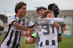 Bayernliga Nord - Saison 2026/27 - FC Ingolstadt 04 II - ASV Cham -  Der 1:0 Führungstreffer durch - Fabio Riedl weiss FCI - jubel - Timo Hengmith (Nr.10 - FCI II) - Omotolani Sherif Oladosu (Nr.15 - FCI II) rechts - Can Paylan (Nr.6 - FCI II) links - Fot