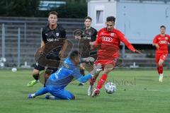 Bayernliga Süd - Saison 2022/2023 - FC Ingolstadt 04 - SV Erlbach - Arian Llugiqi rot FCI - Welder de Souza Lima Torwart Erlbach - Foto: Meyer Jürgen