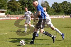 Kreisliga - Saison 2022/2023 - DJK Ingolstadt - SV Sandersdorf - Sandro Rott blau Sandersdorf - Florian Dormeier weiss DJK Ing - Foto: Meyer Jürgen