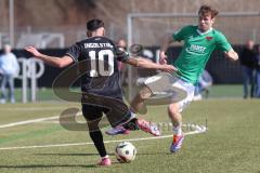 U19 - Nachwuchsliga -  - Saison 2024/25 - FC Ingolstadt 04 - 1. FC Schweinfurth - Baran Berk rot FCI - Niklas Schusser grün Schweinfurth  - Foto: Meyer Jürgen