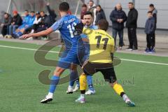 2024_2_17 - Saison 2023/24 - AUDI-Schanzer Amateur Cup - SV Hundszell - FC Hitzhofen/Oberzell  - Halbfinale 1 - Linus Appel #19 Hundszell - Manuel Wittmann
 blau Hundszell mitte - Johannes Welser gelb Hitzhofen - Foto: Meyer Jürgen