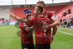 Relegation 1 - FC Ingolstadt 04 - VfL Osnabrück - Fatih Kaya (9, FCI) Tor 2:0 Jubel Stefan Kutschke (30, FCI) mit Robin Krauße (23, FCI) zeigt zu Flankengeber Filip Bilbija (35, FCI)