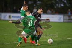 2023_10_21 - Kreisliga - Saison 2023/24 - FC Gerolfing - FC Fatih Ingolstadt - Peter Veit schwarz Fatih - Flaur Bashota grün links Gerolfing - Quirin Nuber grün #10 Gerolfing - Foto: Meyer Jürgen