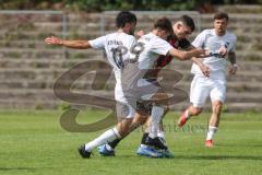 *** Bayernliga Nord - Saison 2025/26 - FC Ingolstadt 04 II - ATSV Erlangen - Ognjen Draculic (Nr.9 - FC Ingolstadt II) - Thomas Müller weiss Erlangen - Burak Ayvaz weiss Erlangen - Foto: Meyer Jürgen