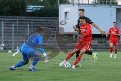 Bayernliga Süd - Saison 2022/2023 - FC Ingolstadt 04 - SV Erlbach - Arian Llugiqi rot FCI - Welder de Souza Lima Torwart Erlbach - Foto: Meyer Jürgen