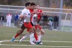 2023_10_28 - Bayernliga Nord - Saison 2023/24 - FC Ingolstadt 04 II - ASV Cham - Leandro Joaquin Kreit Casale rot FCI - Björn Zempelin links weiss Cham - Felix Voigt weiss Cham rechts - Foto: Meyer Jürgen