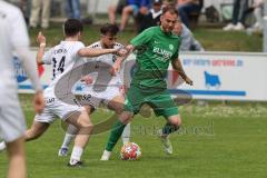 Landesliga - Saison 2024/25 - SV Manching - FC Kempten - Maximilian Eberwein (Nr.4 - SV Manching) - Alkan Ahmet weiss Kempten  #52 - Miroci Dugajin weiss Kempten  #14 - Foto: Meyer Jürgen