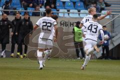 3.Liga - Saison 2022/2023 - 1. FC Saarbrücken - FC Ingolstadt 04 - Der 0:1 Führungstreffer durch Tobias Bech (Nr.11 - FCI) - jubel - Marcel Costly (Nr.22 - FCI) - Felix Keidel (Nr.43 - FCI) -  Foto: Meyer Jürgen