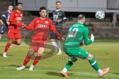 Bayernliga Süd - Saison 2022/2023 - FC Ingolstadt 04 -  VFB Hallbergmoos - Keidel Felix (Nr.6 - Fc Ingolstadt 04 II) - Carl Opit schwarz Hallbergmoos -Dominic Dach Torwart Hallbergmoos -  Foto: Meyer Jürgen