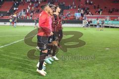 Toto-Pokal - Saison 2023/2024 - FC Ingolstadt 04 - Jahn Regensburg - Elfmeterschießen gewonnen - jubel - Torwart Marius  Funk (Nr.1 - FCI) hält den Elfmeter - auf dem weg zu den Fans - Megaphon - Foto: Meyer Jürgen