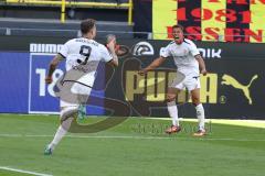 3. Fußball-Liga - Saison 2022/2023 - Borussia Dortmund II - FC Ingolstadt 04 - Der 0:1 Führungstreffer durch Patrick Schmidt (Nr.9 - FCI) - Marcel Costly (Nr.22 - FCI) -  - Jubel - Foto: Meyer Jürgen