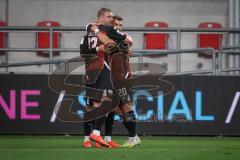 3. Liga - Saison 2026/27 - FC Ingolstadt 04 - TSG Hoffenheim II - Nishan Velupillay (Nr.28 - FCI) mit dem 1:0 Führungstreffer - jubel - Yannick Deichmann (Nr.20 - FCI) - Lars Lokotsch (Nr.13 - FCI) - Foto: Meyer Jürgen