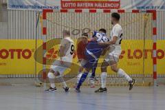 Lotto - Hallen - Bayerncup -  Saison 2022/2023 - TSV Gaimersheim - TSV Ober/Unterhaunstadt-  Nikola Kamenjasevic blau Oberhaunstadt - Ömer Sali Moustafa weiss Gaimersheim Mitte - Glerdis Ahmeti Torwart Gaimersheim - -  Foto: Meyer Jürgen