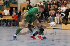 2024_1_6 - Saison 2023/24 - Lotto - Bayern Hallen Cup - Lindenkreuzhalle  - Vorrunde - SG Freising - SV Manching  - Dzenis Seferovic grün Manching Florian Feucht schwarz Freising - Foto: Meyer Jürgen