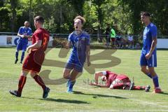 A-Klasse - FT Ingolstadt Ringsee - MBB SG Manching - Der 0:2 Führungstreffer durch Kevin Patolla blau Manching - Lukas Pfänder #9 rot Ringsee - jubel - Foto: Jürgen Meyer