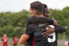*** Bayernliga Nord - Saison 2025/26 - FC Ingolstadt 04 II - Jahn Regensburg II - Ognjen Draculic (Nr.9 - FC Ingolstadt II) mit dem 2:1 Führungstreffer - jubel - Jason Osei Tutu (Nr.11 - FC Ingolstadt II) - Foto: Meyer Jürgen