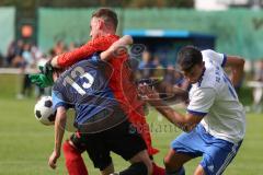 Kreisliga - Saison 2023/2024 - SV Menning - FC Mindelstetten - Hermann Zagler blau Menning - Christopher Ort Torwart Mindelstetten - Philipp Euringer weiss Mindelstetten - Foto: Meyer Jürgen