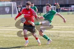 2024_2_17 - Saison 2023/24 - AUDI-Schanzer Amateur Cup - FC Gerolfing - TV 1861 Ingolstadt - Halbfinale 2 - Thomas Schäffer rot 1861 Ing. - Florian Uslar grün Gerolfing - Foto: Meyer Jürgen