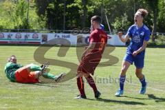 A-Klasse - FT Ingolstadt Ringsee - MBB SG Manching - Der 0:2 Führungstreffer durch Kevin Patolla blau Manching - Lukas Pfänder #9 rot Ringsee - jubel - Syle Ramosaj Torwart Ringsee - Foto: Jürgen Meyer