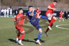 Bayernliga Süd - Saison 2022/2023 - FC Ingolstadt 04 - FC Deisenhofen - Simon Kampmann (Nr.20 - FCI II) links - Mario Götzendorfer (Nr.23 - FCI II) rechts - Michael Bachhuber blau Deisenhofen - Foto: Meyer Jürgen