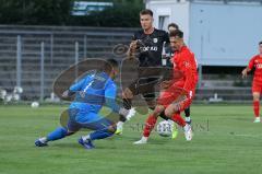 Bayernliga Süd - Saison 2022/2023 - FC Ingolstadt 04 - SV Erlbach - Arian Llugiqi rot FCI - Welder de Souza Lima Torwart Erlbach - Foto: Meyer Jürgen