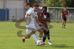 *** Bayernliga Nord - Saison 2025/26 - FC Ingolstadt 04 II - ATSV Erlangen - Jason Osei Tutu (Nr.11 - FC Ingolstadt II) - Lukas Kuschka weiss Erlangen - Thomas Müller rechts weiss Erlangen - Foto: Meyer Jürgen