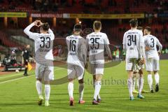 2.BL; 1. FC Nürnberg - FC Ingolstadt 04; Tor Jubel Treffer 0:5 Valmir Sulejmani (33, FCI) zeigt Herz, Visar Musliu (16, FCI) Filip Bilbija (35, FCI) Merlin Röhl (34, FCI) Dominik Franke (3 FCI)