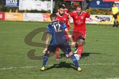 Kreisliga - Saison 2022/2023 - Türk.SV Ingolstadt - SV Menning - Ibrahim Sahin rechts rot Türk SV - Aytac Mandaci rot mitte Türk SV - Oliver Ölz blau Menning - Foto: Meyer Jürgen