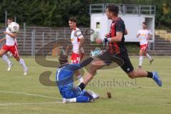 *** Bayernliga Nord - Saison 2025/26 - FC Ingolstadt 04 II - Jahn Regensburg II - Ognjen Draculic (Nr.9 - FC Ingolstadt II) mit dem 2:1 Führungstreffer - Merkl Maurice Torwart Regensburg - jubel -  - Foto: Meyer Jürgen
