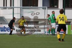 Kreisliga - Saison 2023/2024 - FC Gerolfing - FC Hitzhofen/Oberzell - Der 0:1 Führungstreffer durch Faruk Rencber gelb #6 Hitzhofen - Lukas Achhammer #8 grün Gerolfing - Michael Oblinger Torwart Gerolfing - jubel - Matthias Hamm #17 grün rechts Gerolfing 