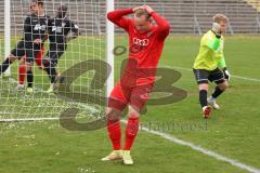 Bayernliga Süd - Saison 2021/2022 - FC Ingolstadt 04 II - TürkAugsburg - Meikis Fabio (#19 FCI) mit einer Torchance - Leon Musial Torwart Augsburg - enttäuscht - Foto: Meyer Jürgen