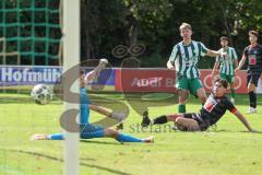 Landesliga - Saison 2025/26 - SV Manching - FC Sonthofen - Luca Bienek (Nr.16 - SV Manching) mit dem 1:2 Anschlusstreffer - jubel - Blaku Diar schwarz Sonthofen - Zettler Marco Torwart Sonthofen - Foto: Meyer Jürgen