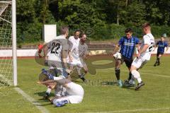 Kreisliga - Saison 2022/2023 - DJK Ingolstadt - SV Sandersdorf - - Florian Dormeier weiss DJK Ing am Boden -  Philipp Roeckl Torwart DJK Ing - Andreas Winkler blau Sandersdorf - Foto: Meyer Jürgen