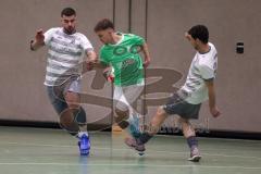 Hallenturnier Ingolstadt Nord - Saison 2024/25 - MBB SG MAnching - FC Fatih Ingolstadt  - Robert Henemann grün Fatih - Muhammed Yildiz weisss Manching links - Daniel Powel weisss Manching rechts - Foto: Meyer Jürgen