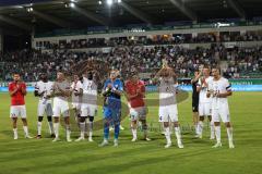 3.Liga - Saison 2023/2024 - Preußen Münster - FC Ingolstadt 04 - Die Spieler bedanken sich bei den mitgereisten Fans - Torwart Marius  Funk (Nr.1 - FCI) - Pascal Testroet (Nr.37 - FCI) - Lukas Fröde (Nr.34 - FCI) -  - Foto: Meyer Jürgen
