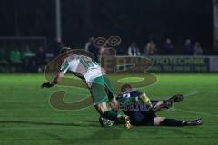 Landesliga - Saison 2025/26 - SV Manching - SC Oberweikertshofen - Luca Bienek (Nr.16 - SV Manching) wird von - Volk Andreas blau Oberweikertshofen gefoult und es gibt Elfmeter- Foto: Meyer Jürgen