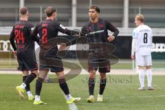 3. Liga - Testspiel - Saison 2025/26 - FC Ingolstadt 04 - SSV 1846 Ulm - Mattis Hoppe (Nr.2 - FCI) schiesst den 1:0 Führungstreffer - jubel - Christensen Gustav (Nr.24 - FCI)- Yann Sturm (Nr.7 - FCI) - Foto: Meyer Jürgen