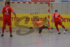 Lotto - Hallen - Bayerncup -  Saison 2022/2023 - FC Fatih Ingolstadt - FC Rockolding - Ramazan Kurnaz rot #17 schießt ein Tor - Jubel - Florian Wagner Torwart Rockolding -  Foto: Meyer Jürgen