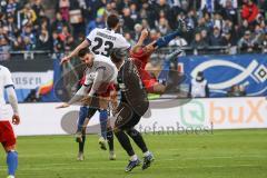 2.BL; Hamburger SV - FC Ingolstadt 04; Zweikampf Kampf um den Ball Meffert Jonas (23 HSV) Justin Butler (31, FCI) Vuskovic Mario (44 HSV) in der Luft