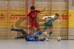 Lotto Bayern Hallencup - Saison 2024/25 - Türkisch SV Ingolstadt - SV Manching - Finale - Daniel Drotleff rot Türkisch - Dzenis Seferovic grün Manching - Thomas Geisler Torwart Manching - Foto: Meyer Jürgen