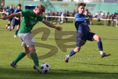 2023_10_28 - Kreisliga - Saison 2023/24 - SV Menning - FC Gerolfing  - Lukas Achhammer grün Gerolfing - Moritz Mayerhofer blau Menning - Foto: Meyer Jürgen