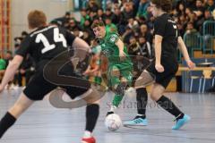 2024_1_6 - Saison 2023/24 - Lotto - Bayern Hallen Cup - Lindenkreuzhalle  - Vorrunde - SG Freising - SV Manching  - Fabio Udella grün Manching  - Daniel Feucht schwarz rechts Freising - Foto: Meyer Jürgen