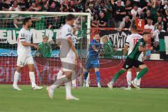 3.Liga - Saison 2023/2024 - Preußen Münster - FC Ingolstadt 04 - Der 1:1 Anschlusstreffer durch Malik Batmaz (Nr.23 - Preussen Münster) - - Torwart Marius  Funk (Nr.1 - FCI) wütend -  - Foto: Meyer Jürgen